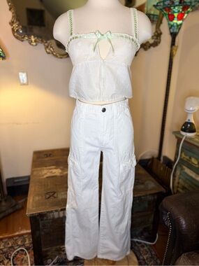 Vintage Summer White Cami with White Wide-Leg Cargo Pants